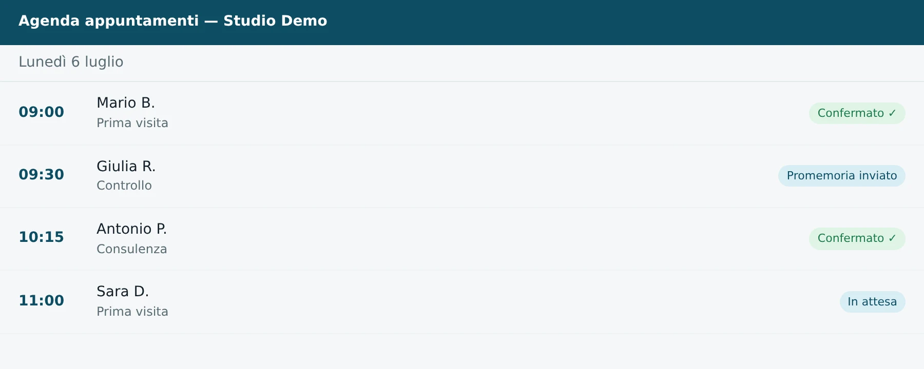 Vista agenda appuntamenti del gestionale (dati di esempio)