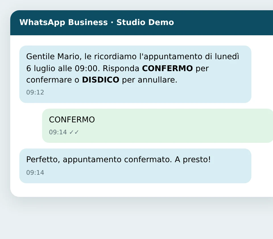 Esempio di promemoria appuntamento inviato via WhatsApp dal gestionale (dati di esempio)